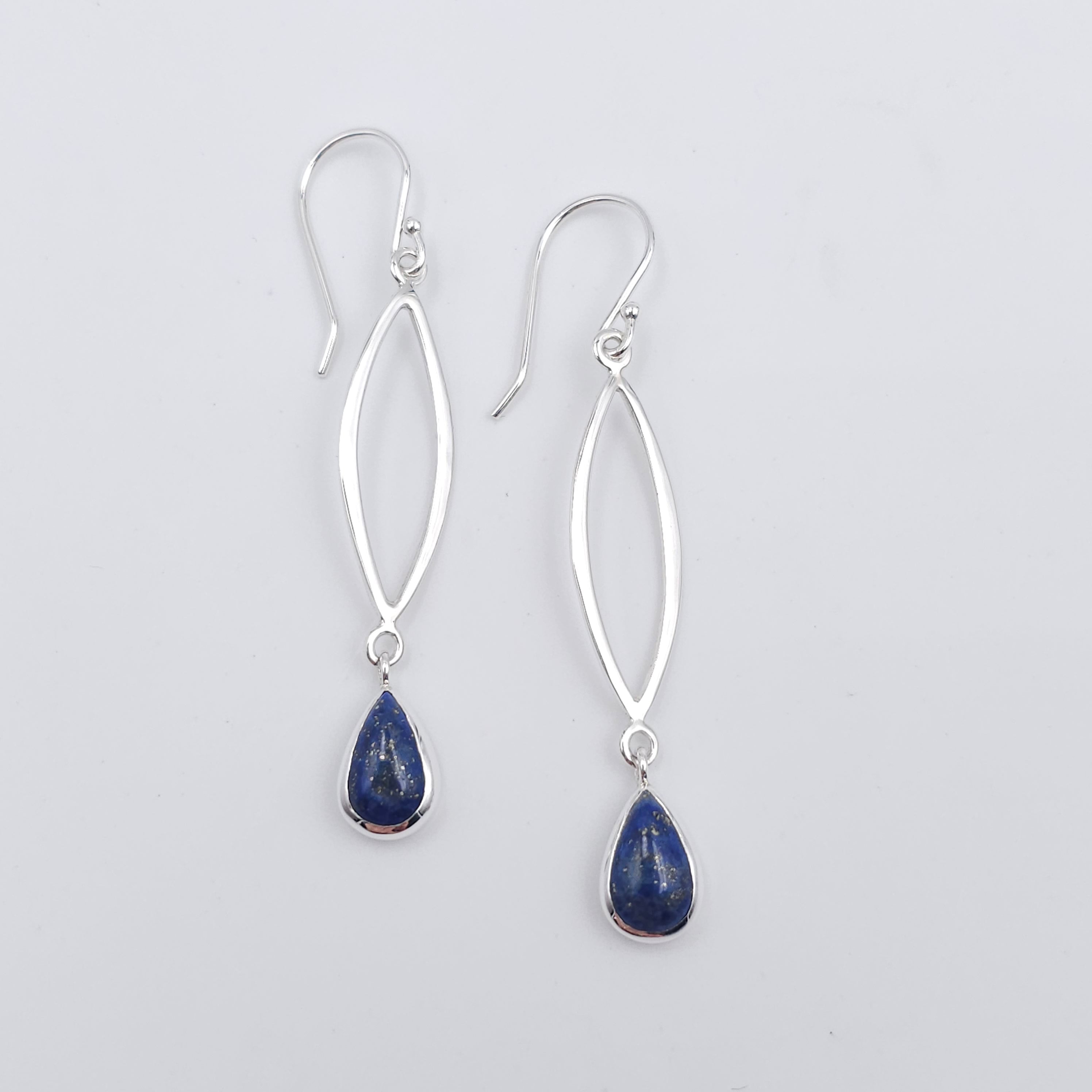 Sterling silver marquis shaped earrings with teardrop lapis dangles