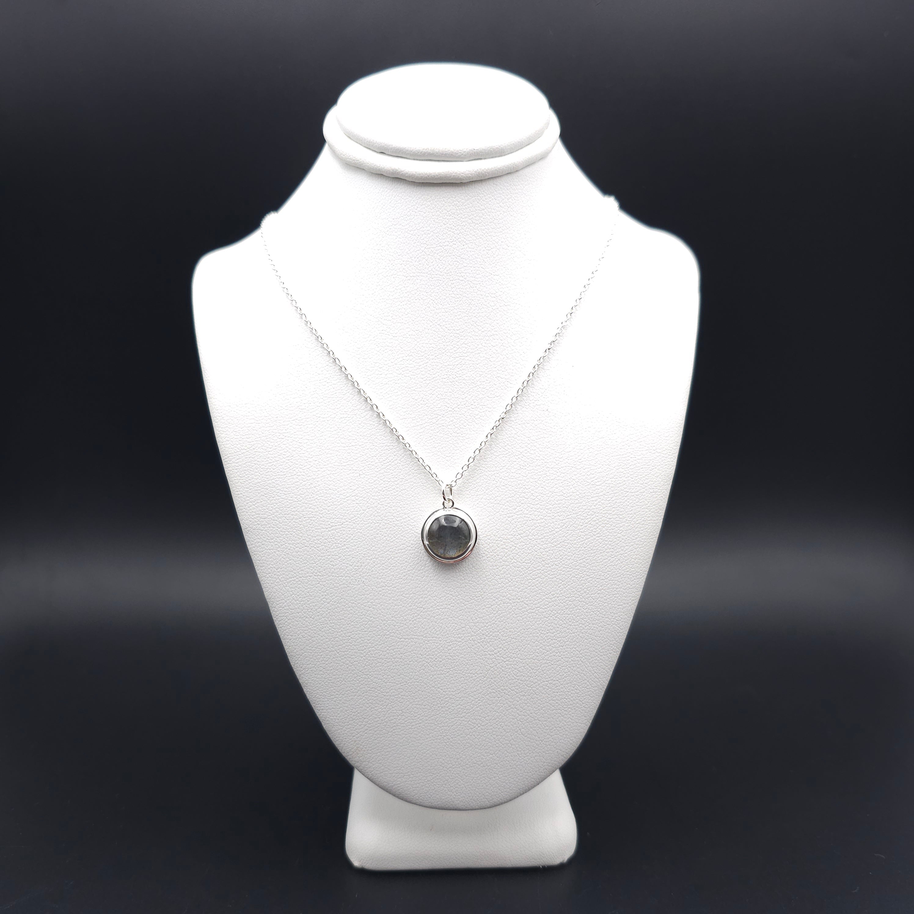 Round labradorite bezel set sterling silver necklace