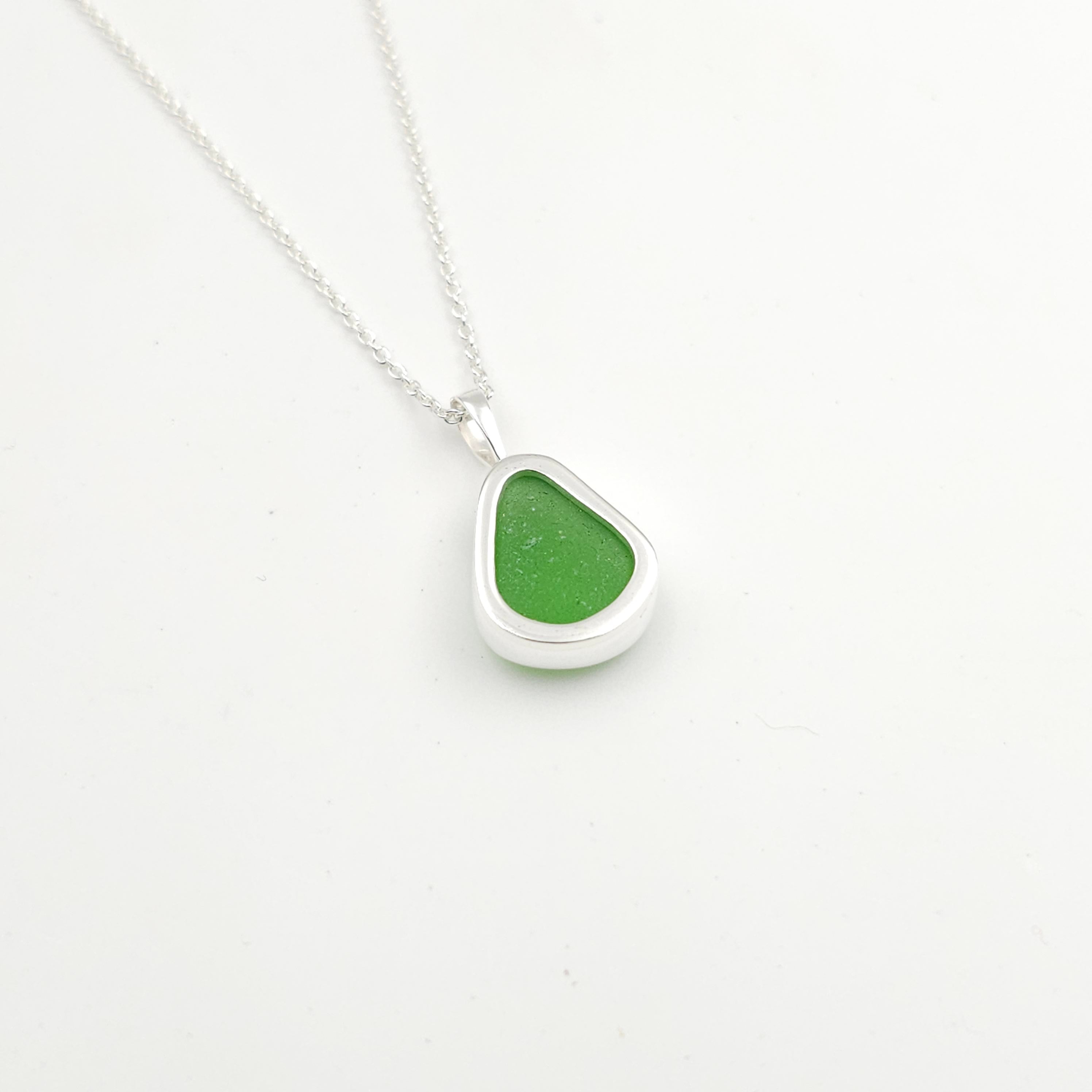 Green bezel set authentic sea glass sterling silver necklace