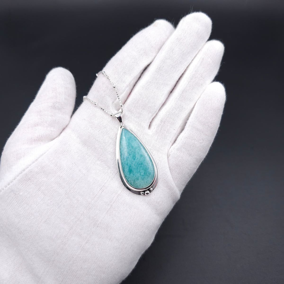 Sterling silver Amazonite teardrop bezel set necklace