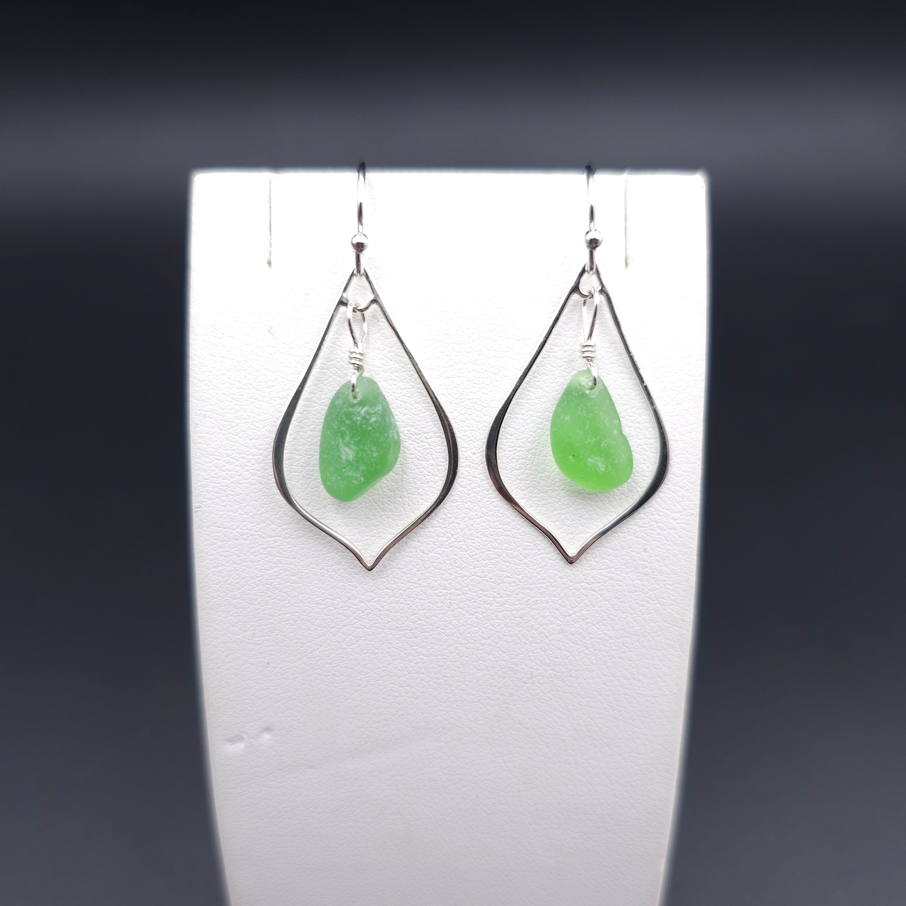 Green sea glass pointed teardrop sterling silver earrings