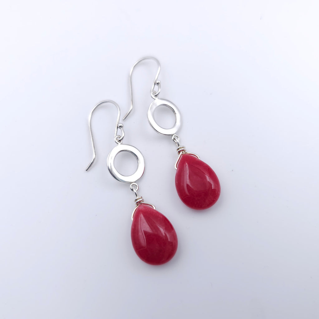 Red teardrop with sterling circle earrings