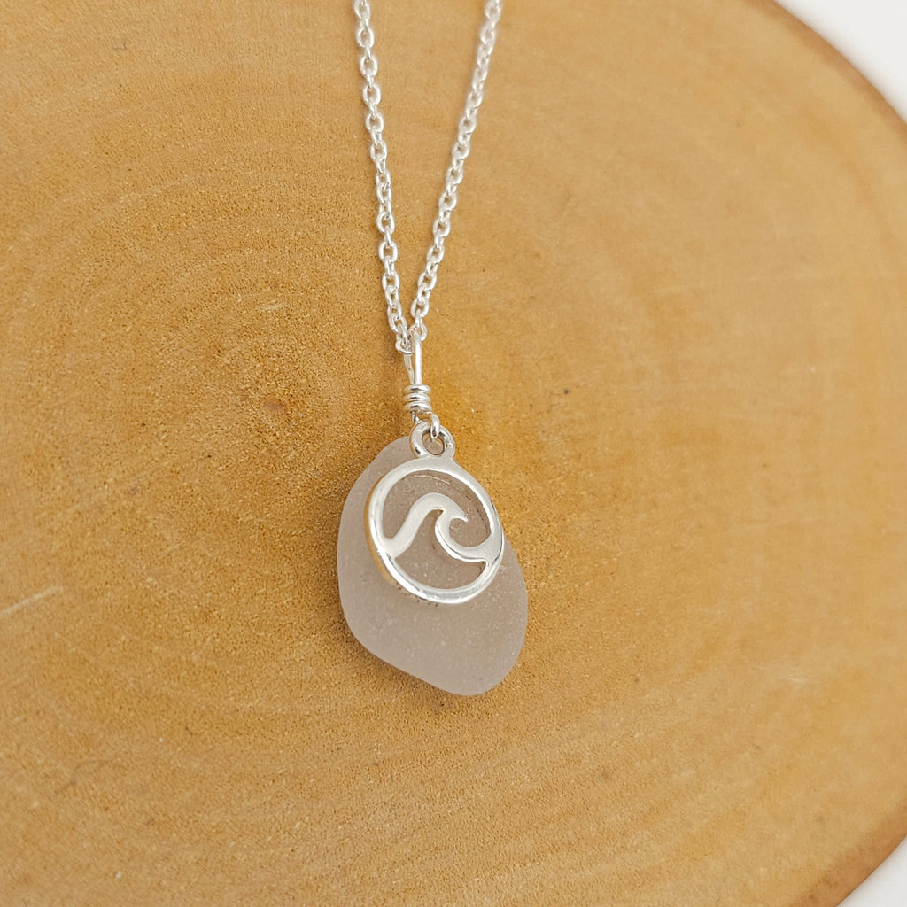 White sea glass necklace with wave in circle