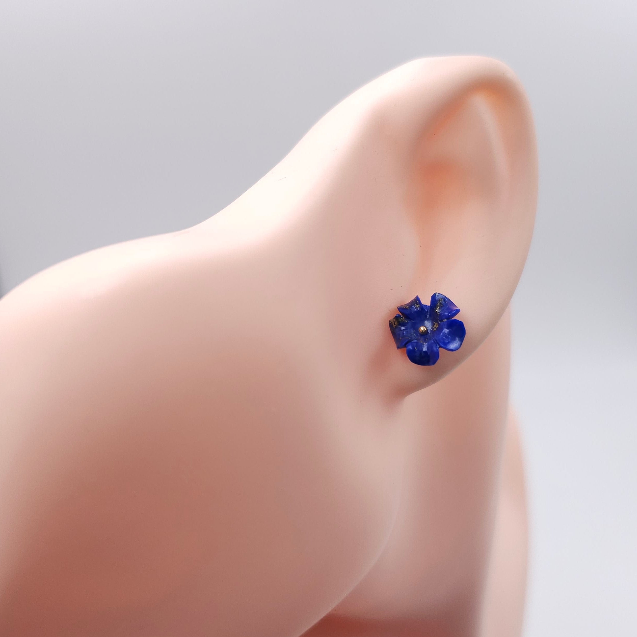Carved Lapis 14k gold post earrings