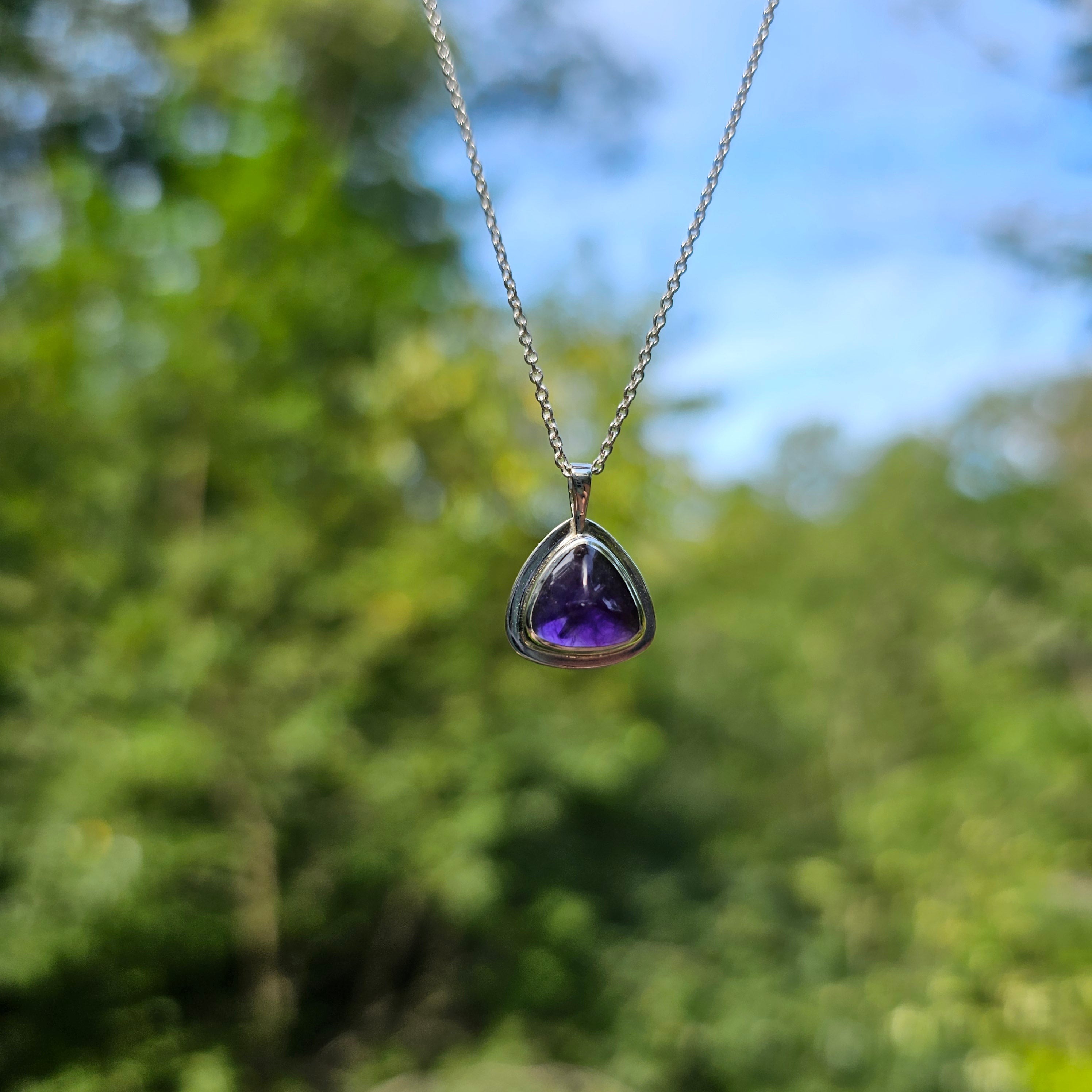 Amethyst and sterling silver triangle bezel set necklace