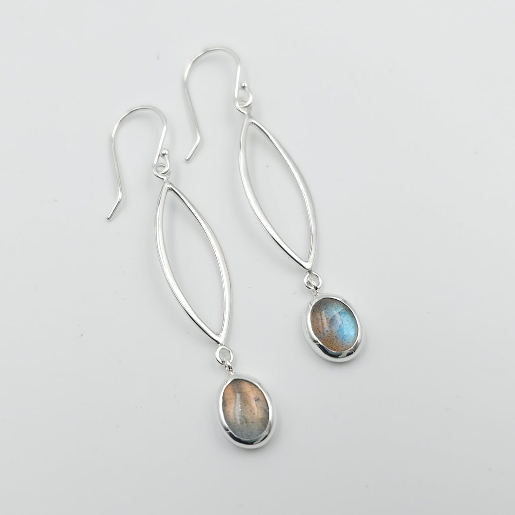 Sterling silver marquis shaped earrings with bezel set oval labradorite dangles