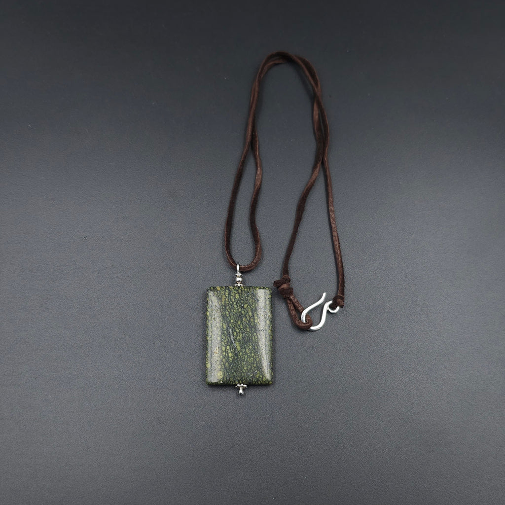 Serpentine rectangular necklace on suede cord necklace