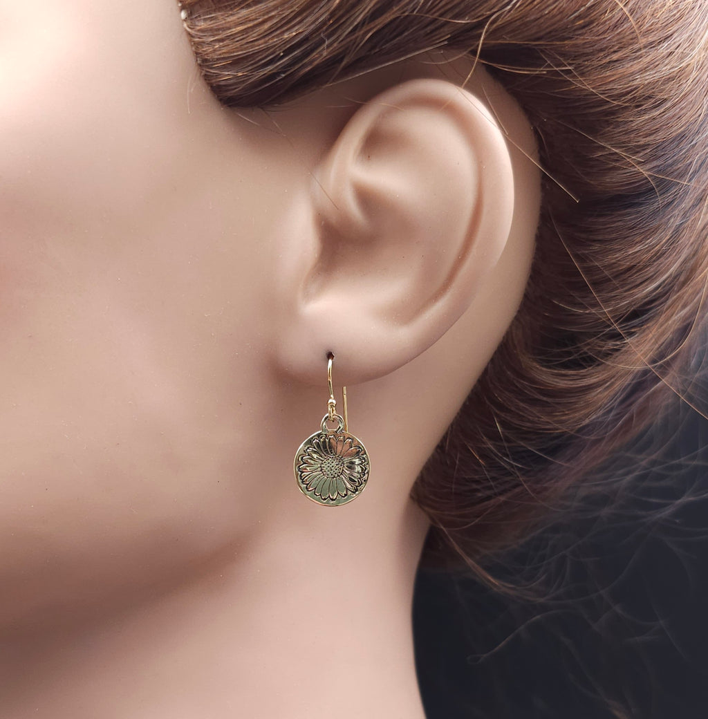 Daisy design brass dangle earrings with gold-filled earring wires