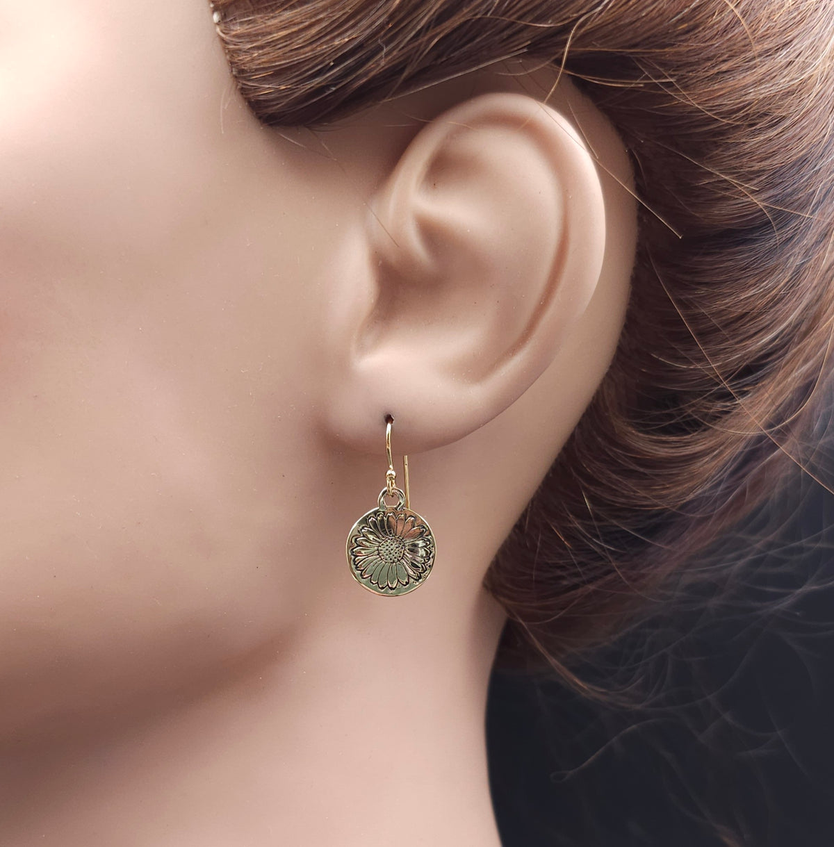 Daisy design brass dangle earrings with gold-filled earring wires