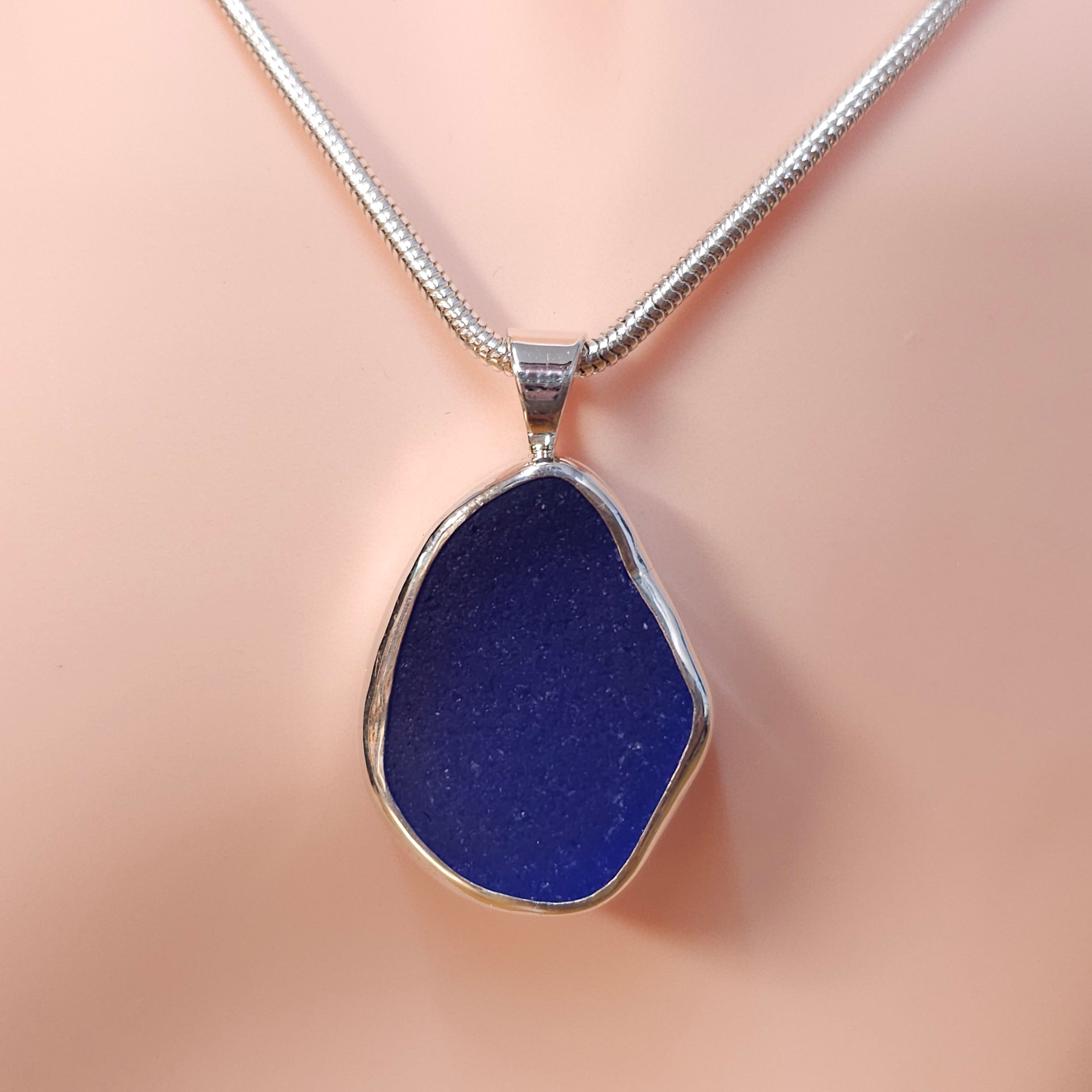 Cobalt blue bezel set genuine sea glass necklace