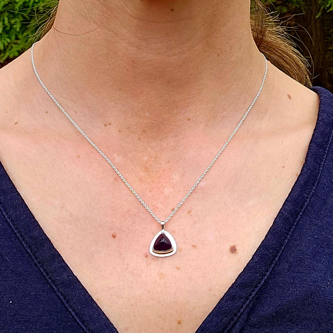 Amethyst and sterling silver triangle bezel set necklace