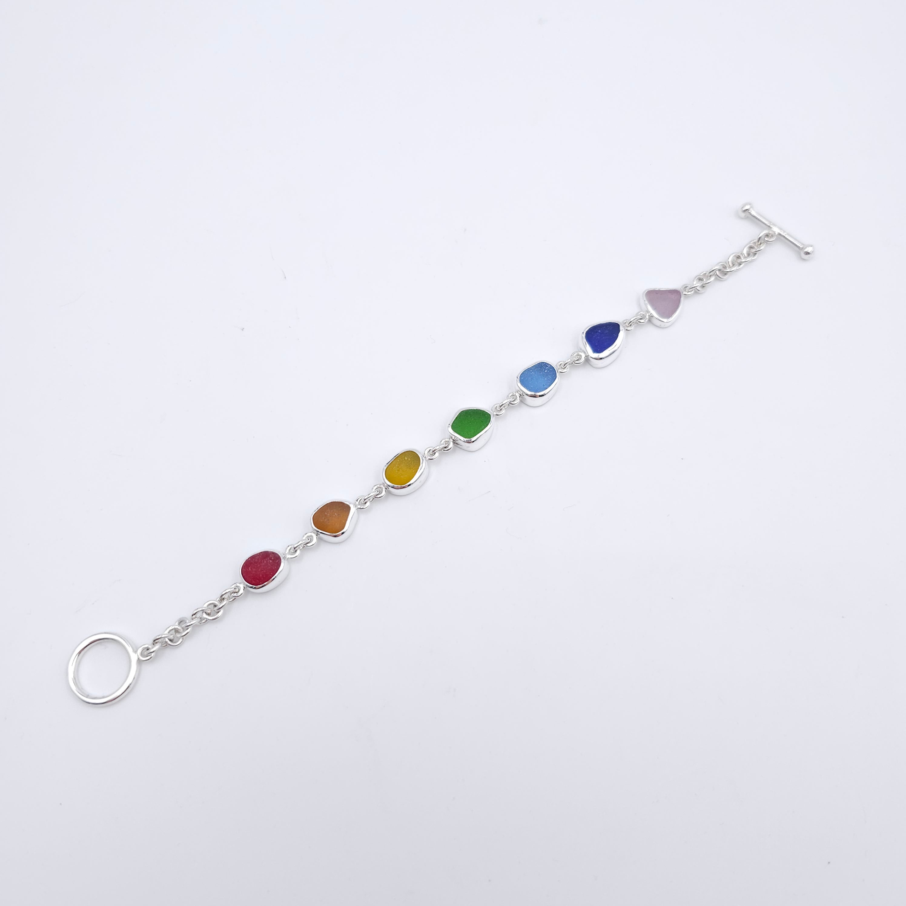Sterling silver bezel set rainbow sea glass link bracelet