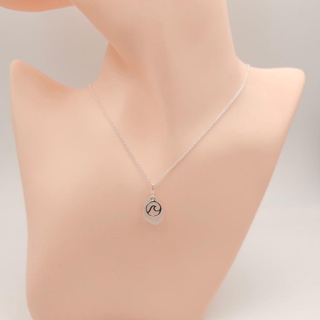 White sea glass necklace with wave in circle
