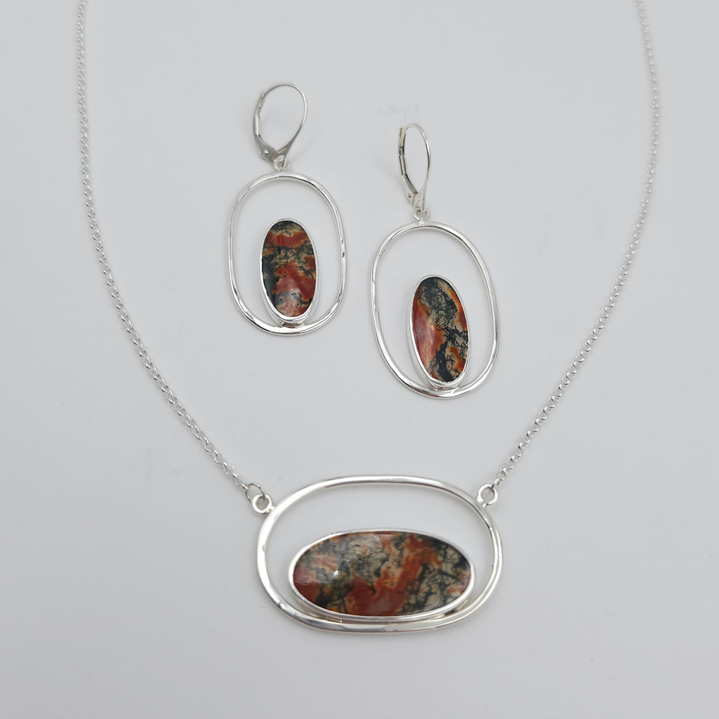 Moss agate silver oval earrings and necklace matching set