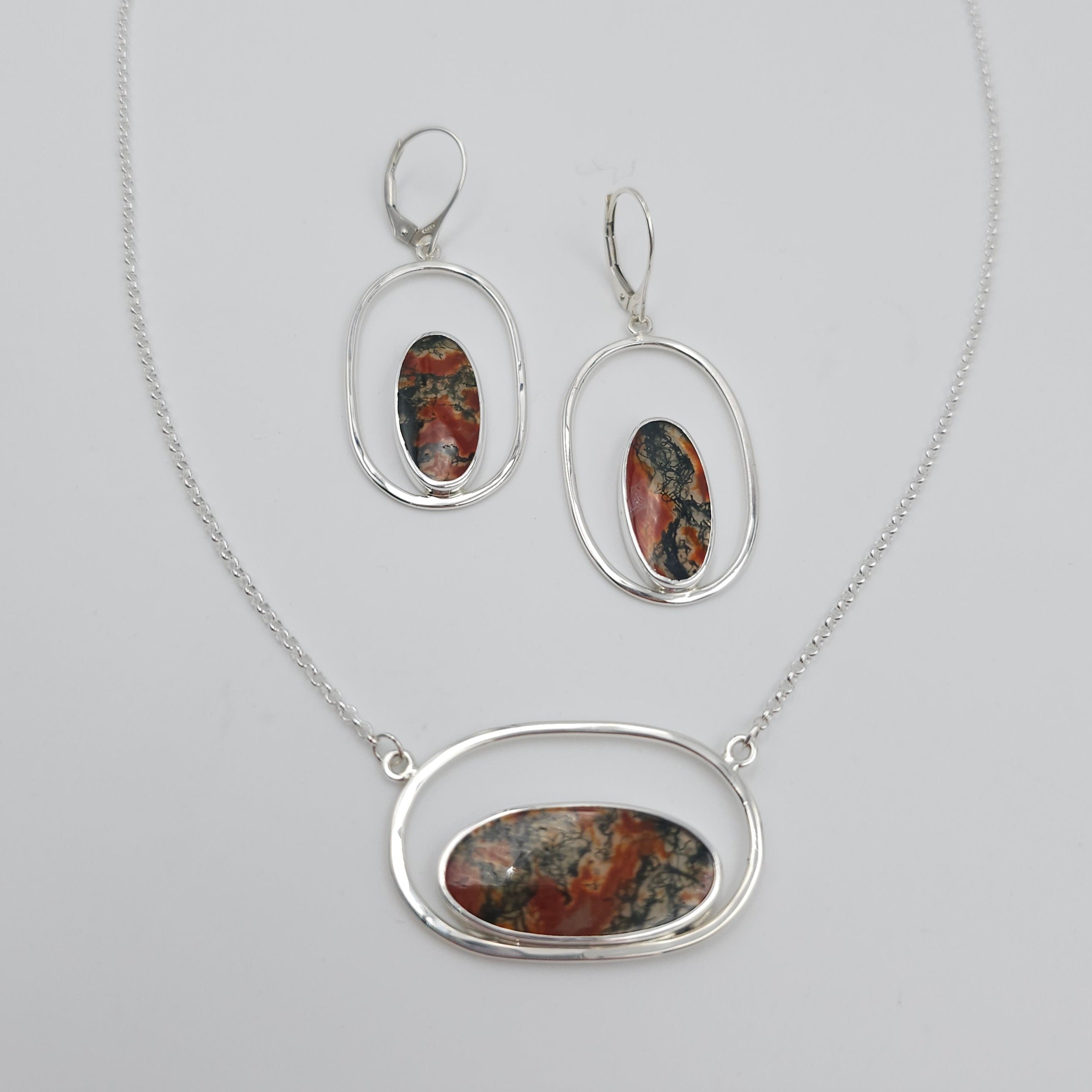 Moss agate silver oval earrings and necklace matching set