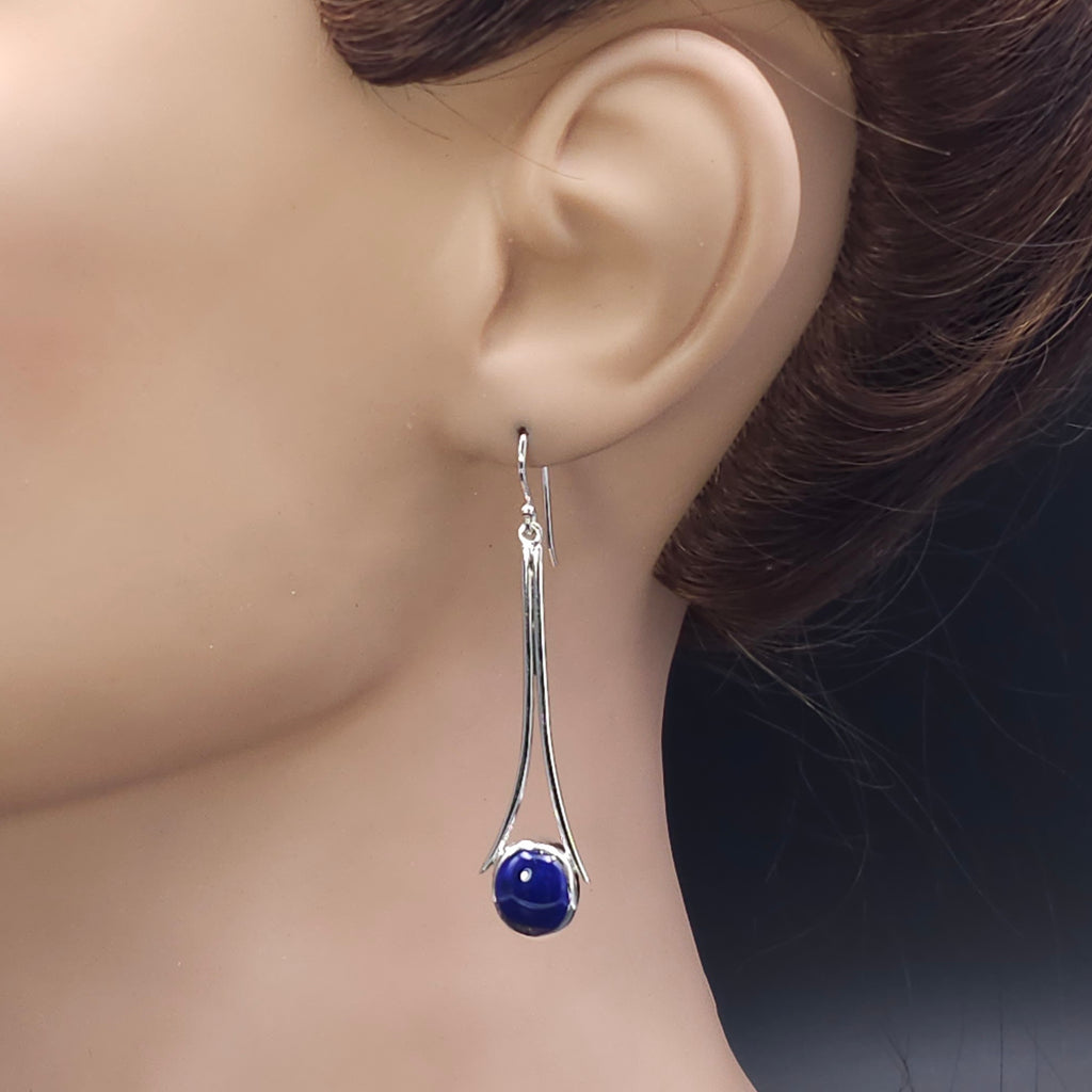 Long sterling silver earrings with bezel set Lapis lazuli