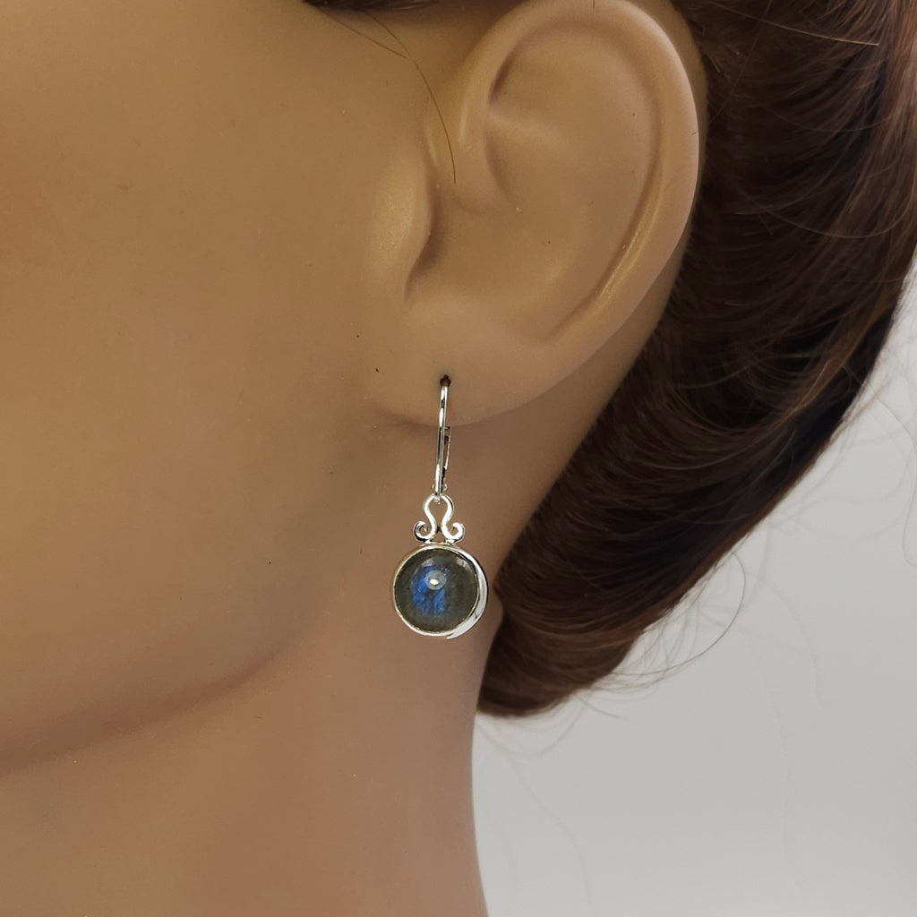 Round blue Labradorite bezel set dangle earrings