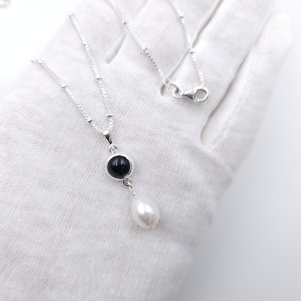 Black onyx and fresh water pearl sterling silver necklace