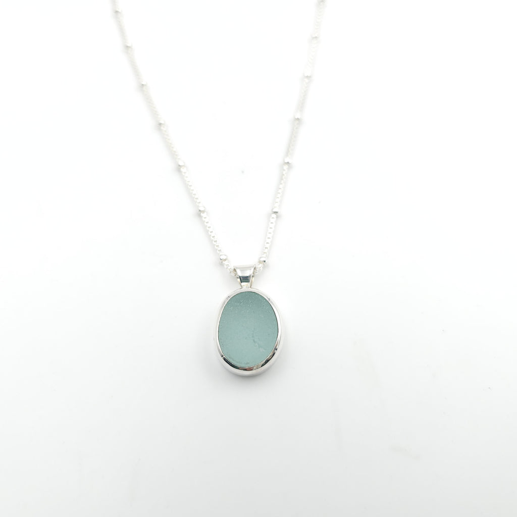 oval aqua color sea glass bezel set necklace
