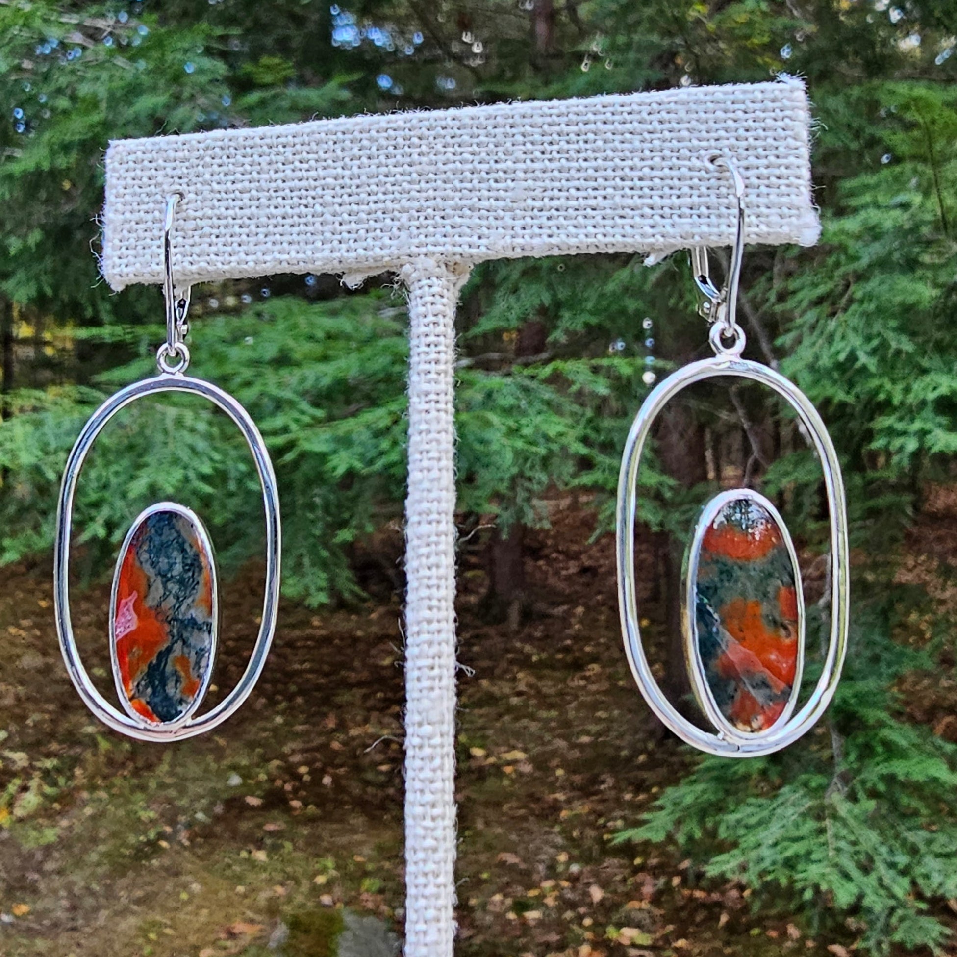 Moss agate oval sterling silver dangle earrings