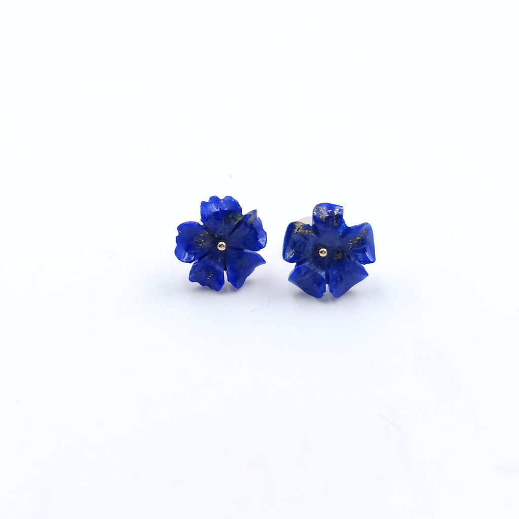Blue lapis carved into flowers with gold ball in center post earrings