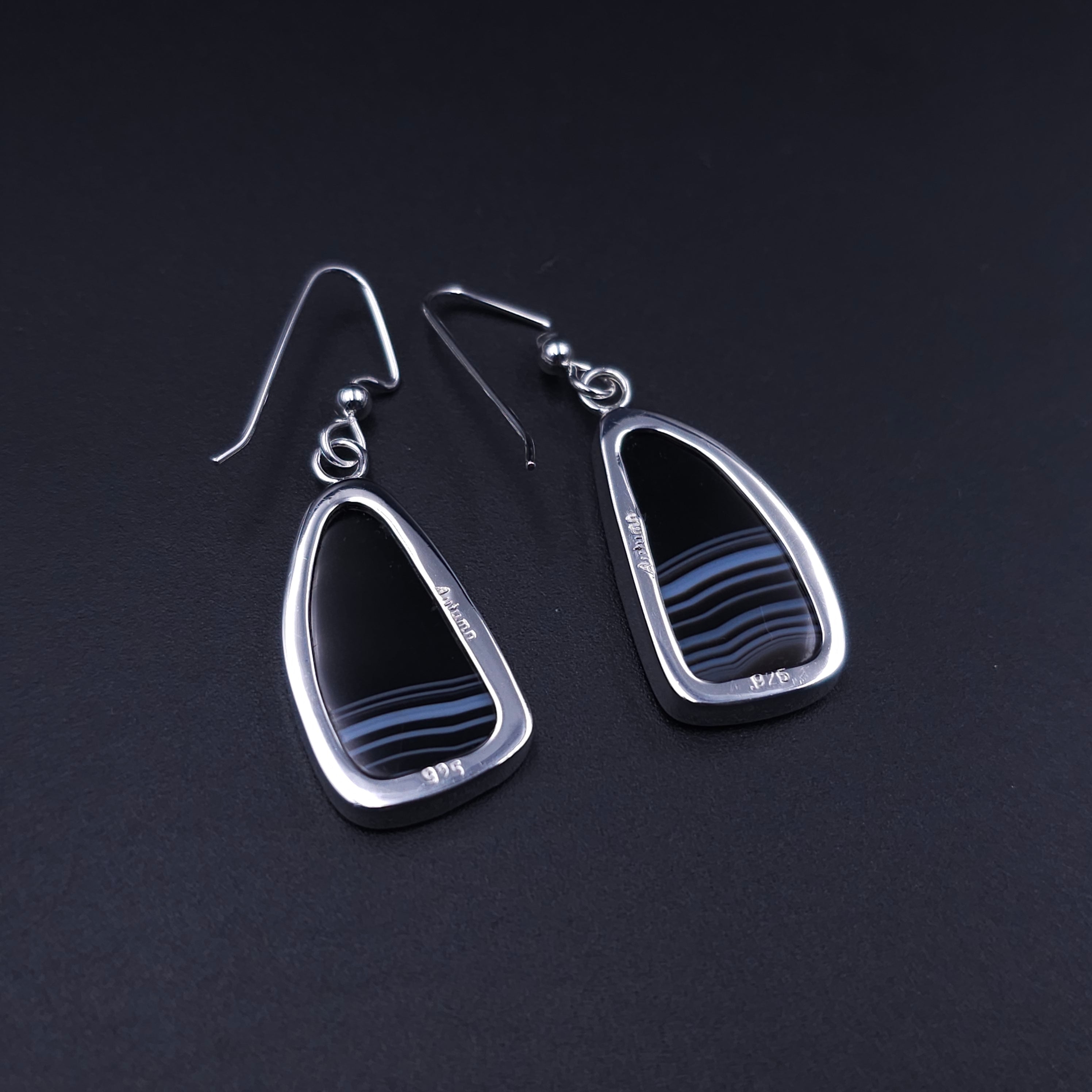 Striped black onyx bezel set sterling silver earrings