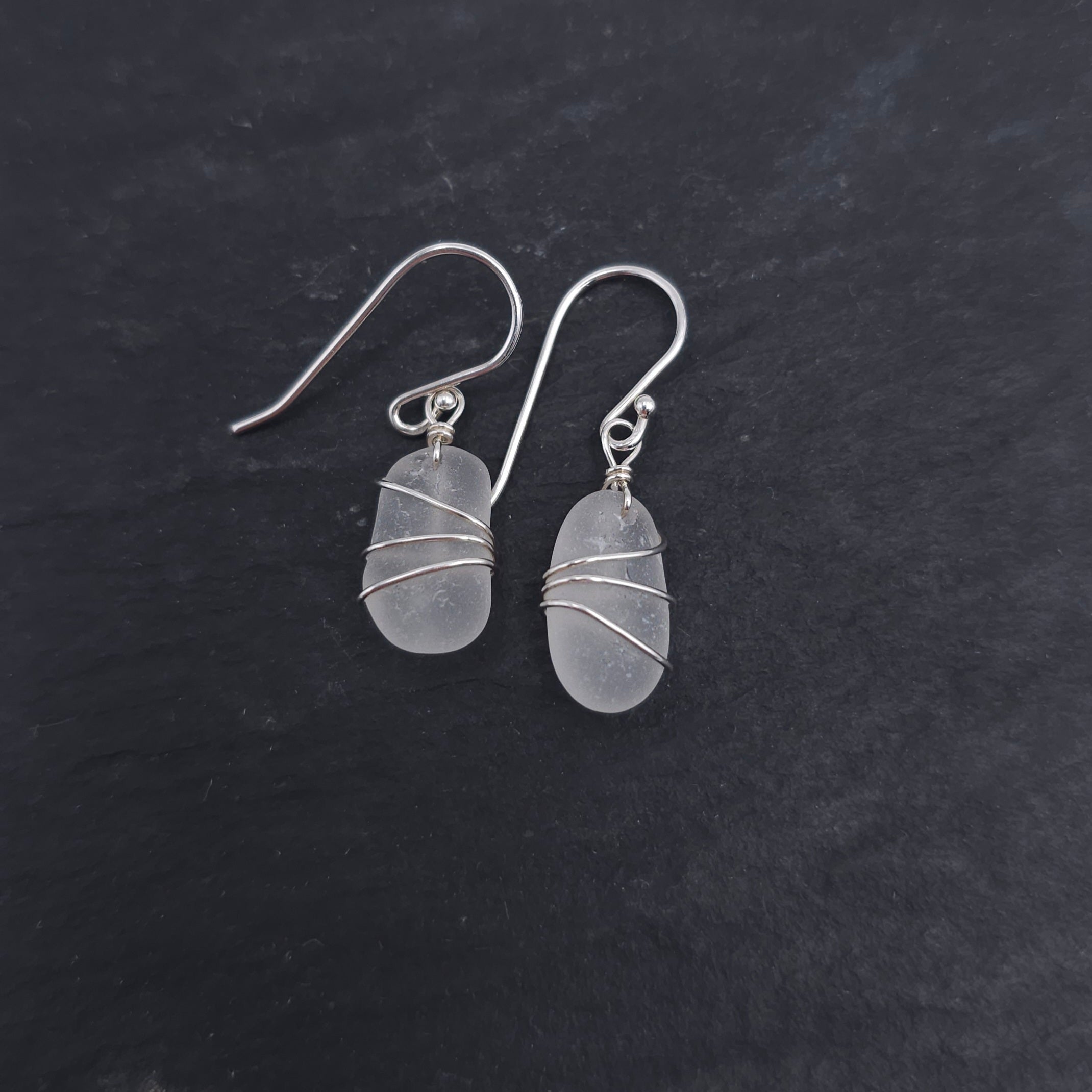 Genuine white sea glass wire wrapped earrings