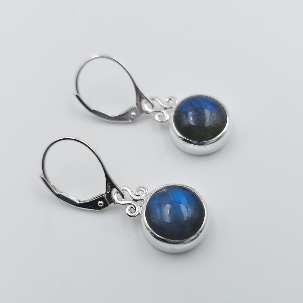 Round blue Labradorite bezel set dangle earrings