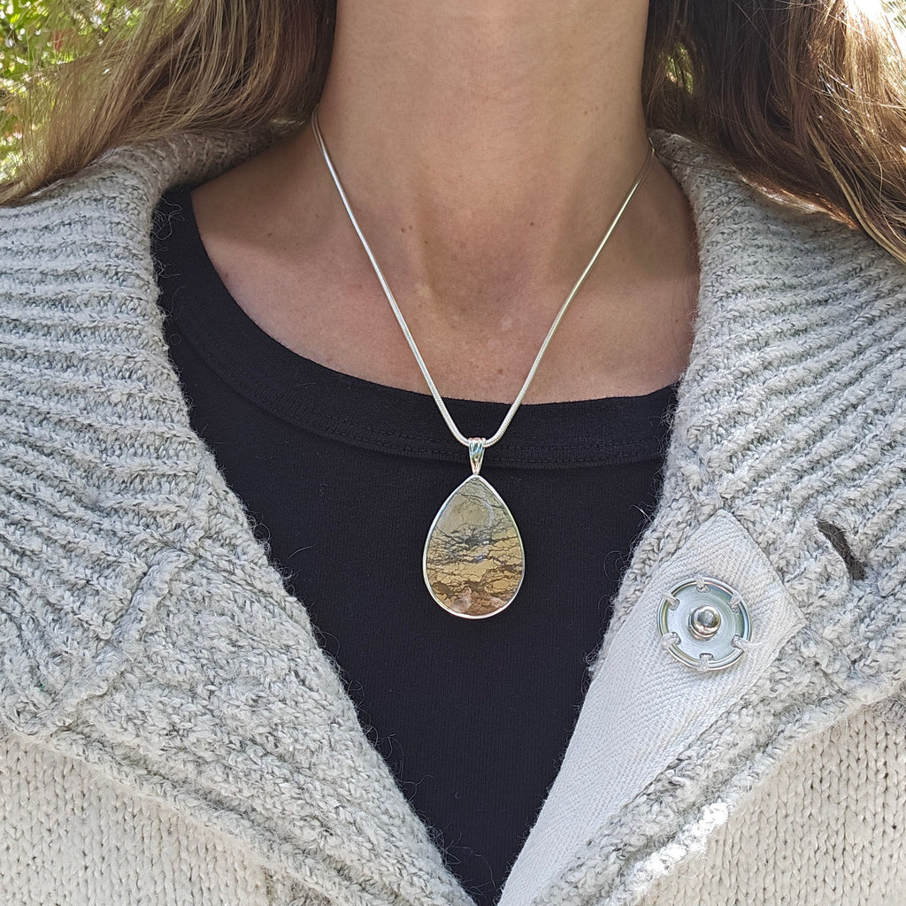 Large Jasper teardrop sterling silver necklace