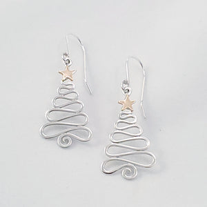 Silver Christmas tree earrings with gold filled star