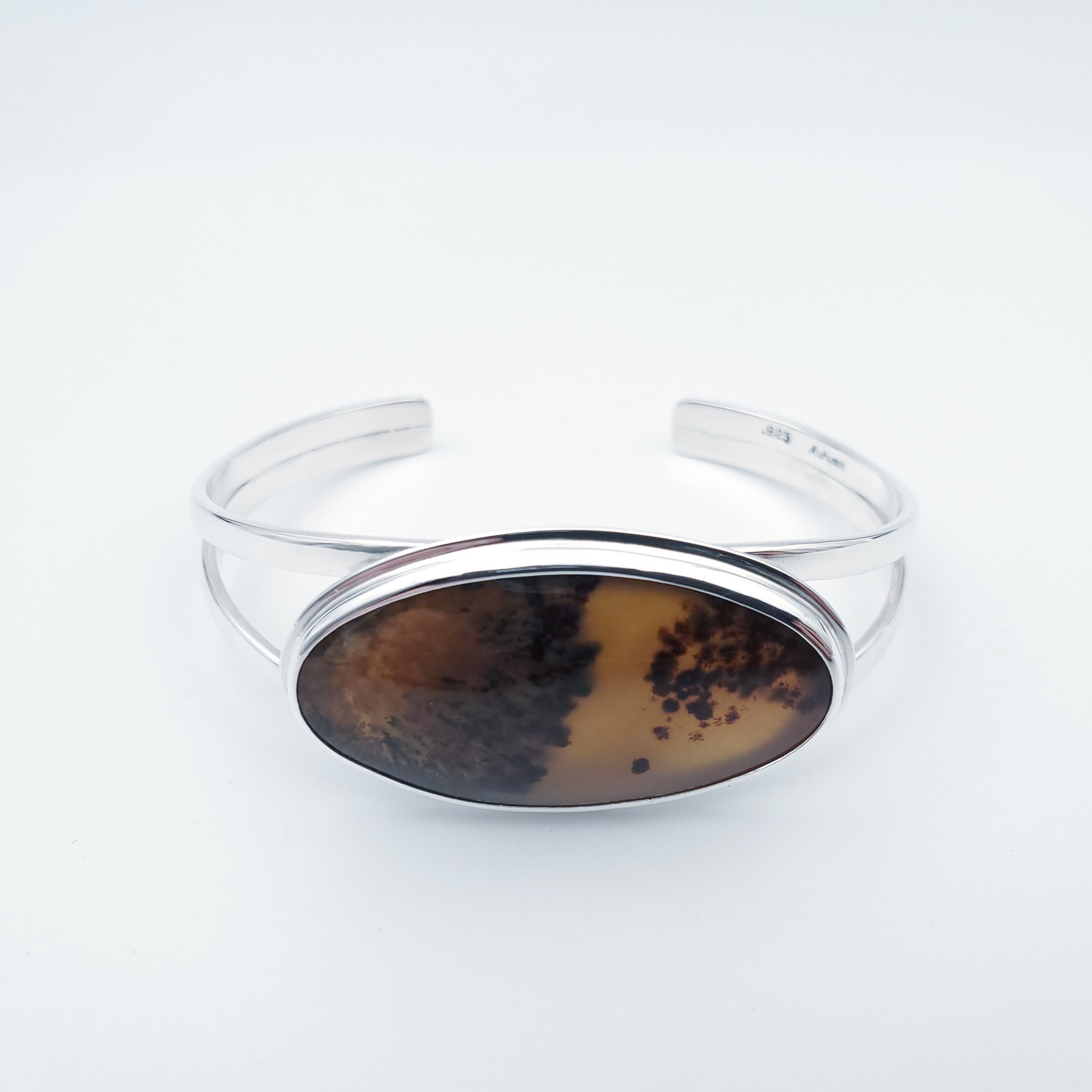 Brown oval agate gemstone silver cuff bracelet