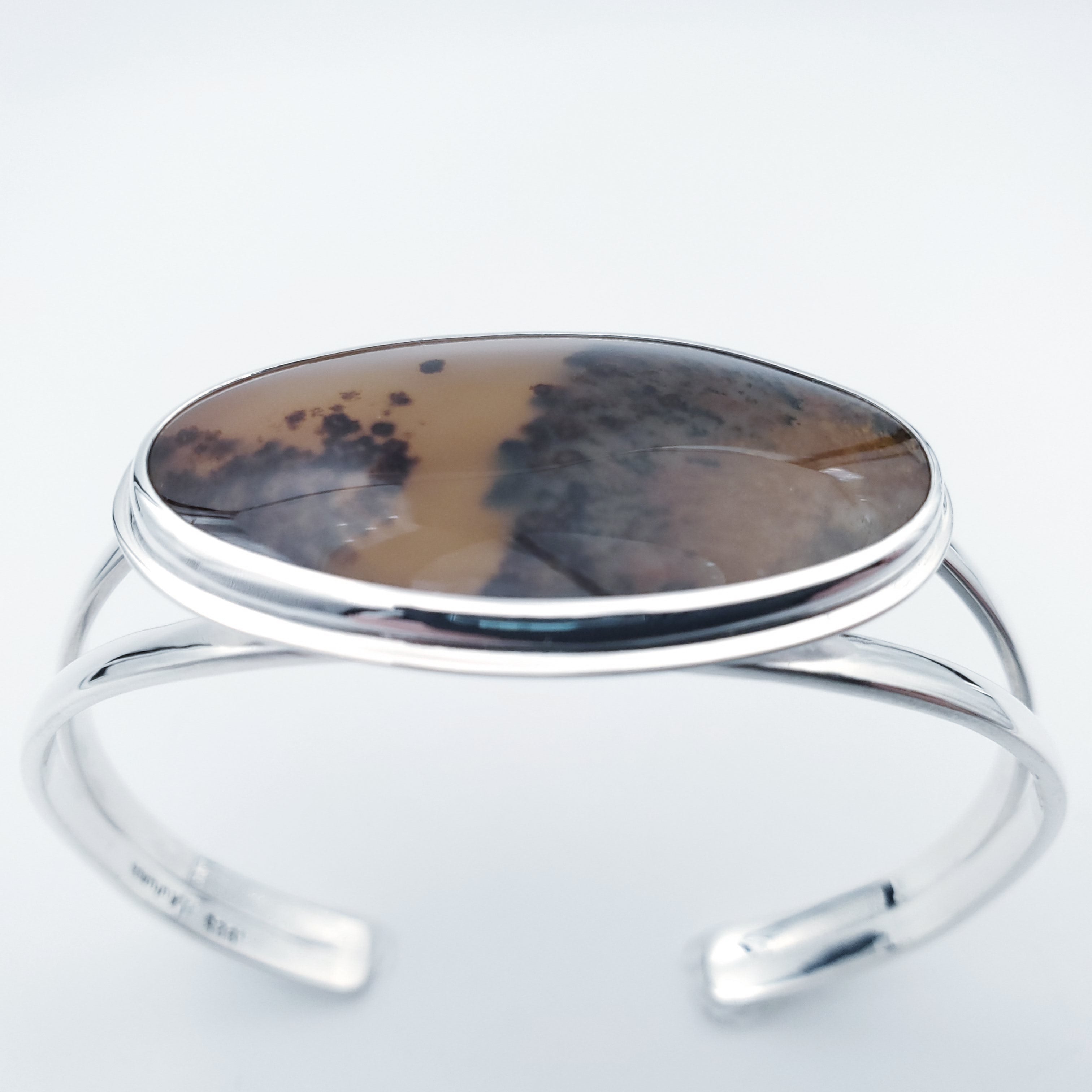 Brown oval agate gemstone silver cuff bracelet