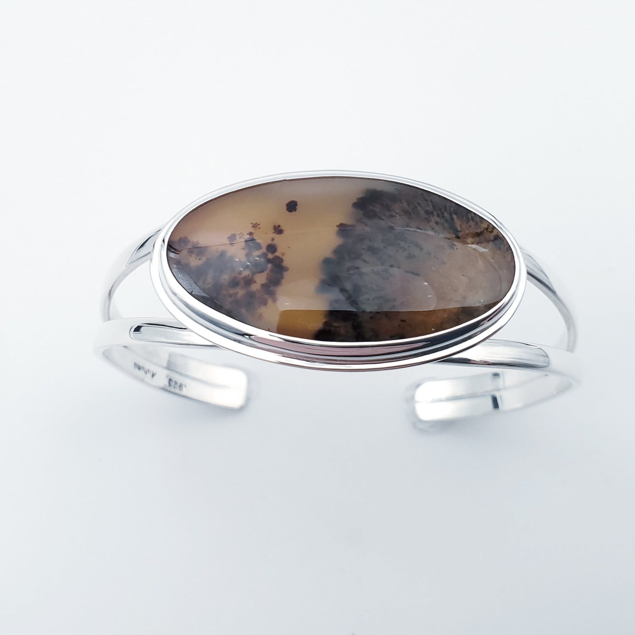 Brown oval agate gemstone silver cuff bracelet