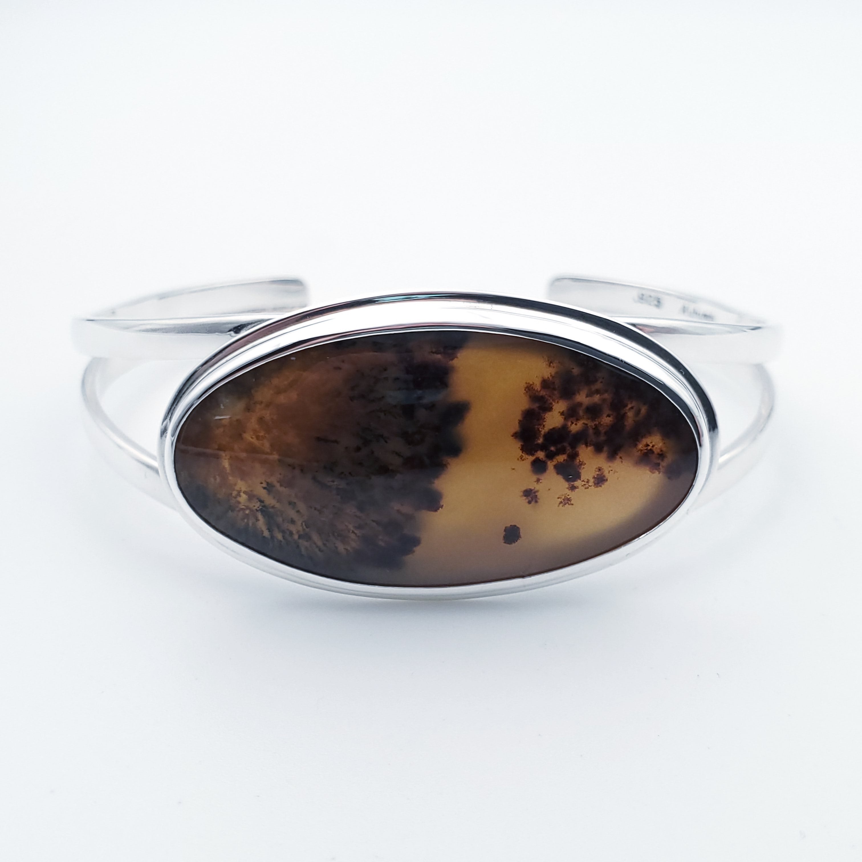 Brown oval agate gemstone silver cuff bracelet