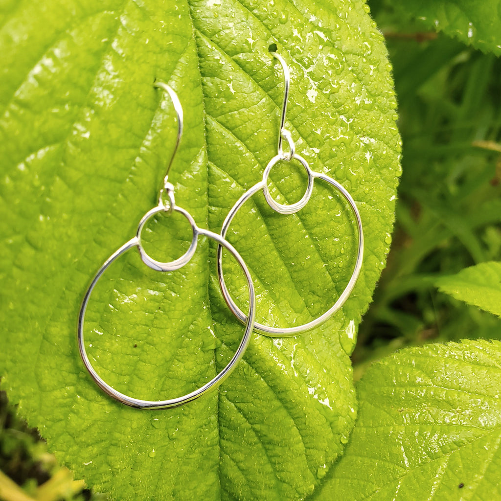 Double circle silver dangle earrings