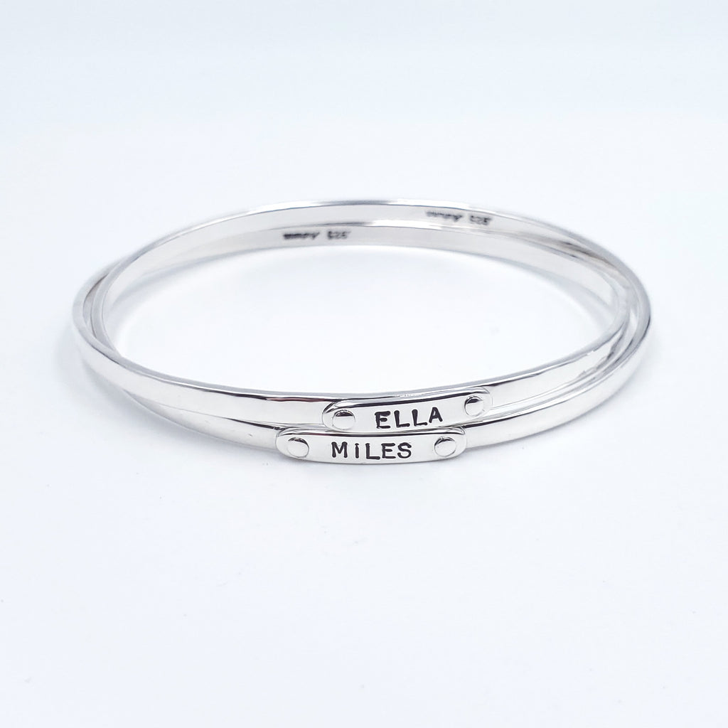 Double name bangle bracelet in sterling silver